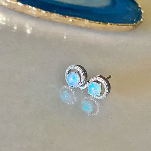 Genuine Ethiopian Opal and Diamond Accent 18k white gold plated Halo Studs